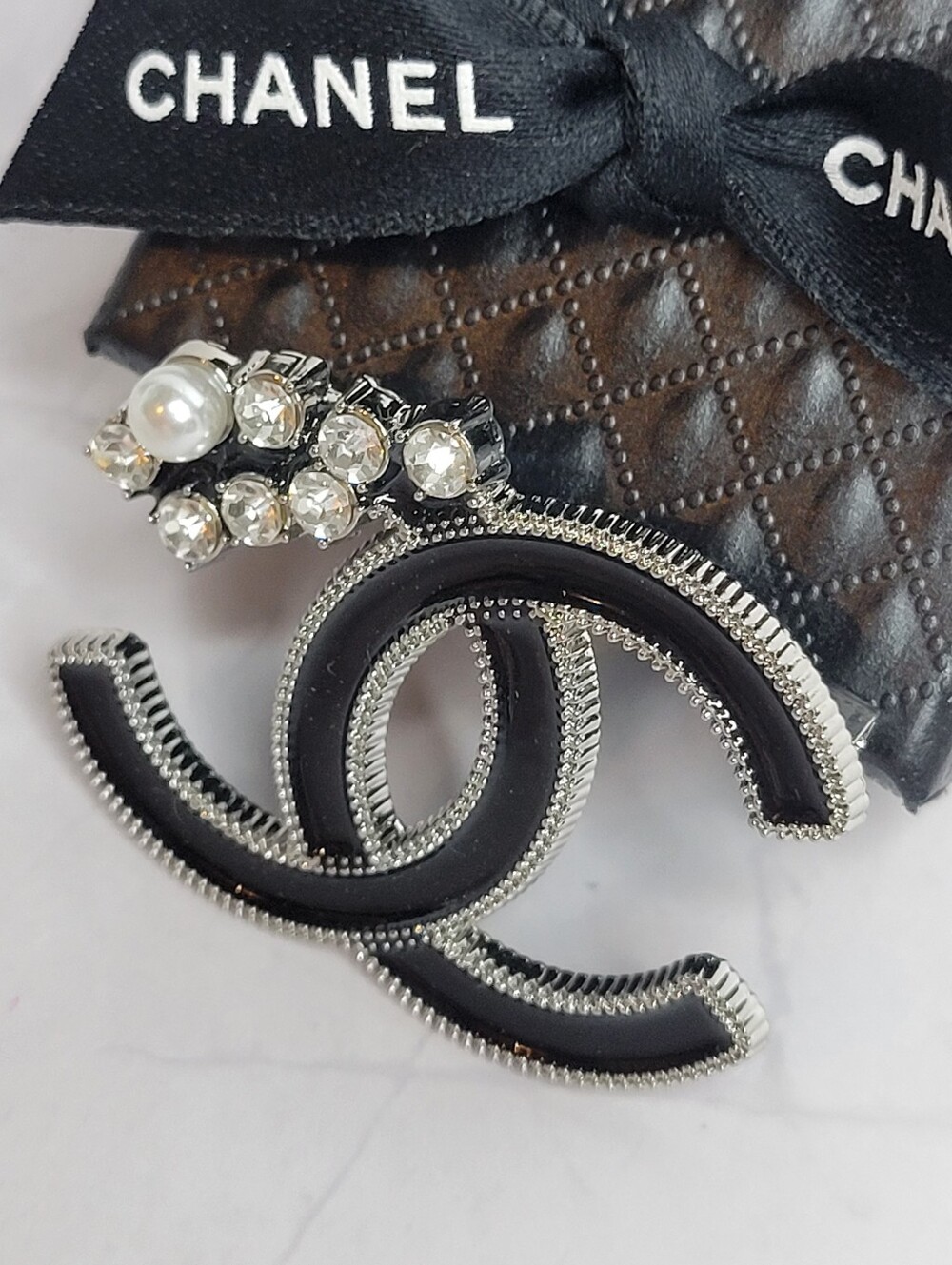 Silver, Black Enamel Rhinestone CC Brooch - Picture 4 of 4